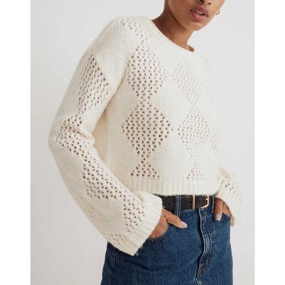 Madewell Women's Diamond-Stitch Crewneck Crop Sweater Cream Open Knit Casual M - Picture 1 of 11